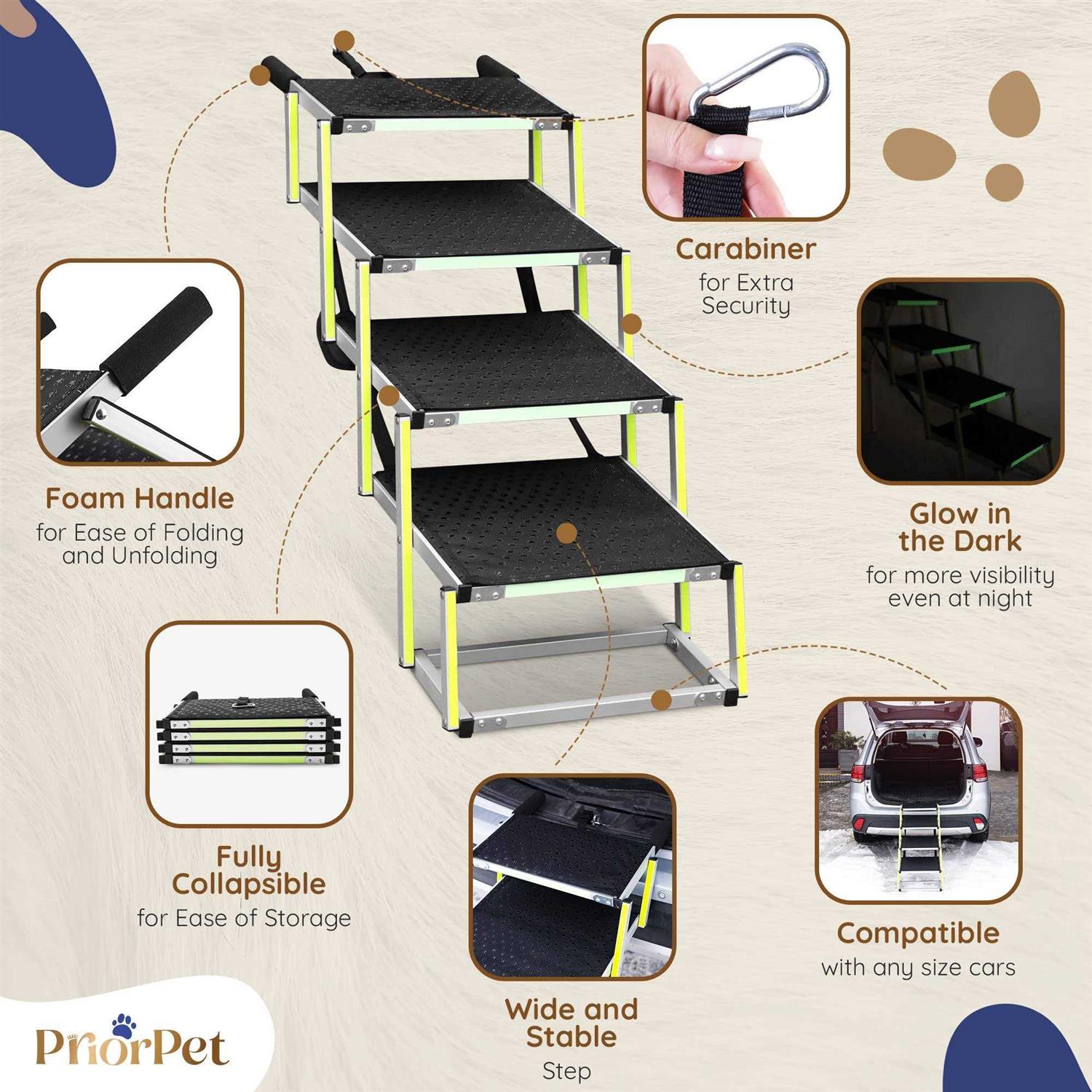 Dog Stairs for Large Dogs PRIORPET Glow in The Dark Marking Foldable Dog ramp for Car and Small SUV