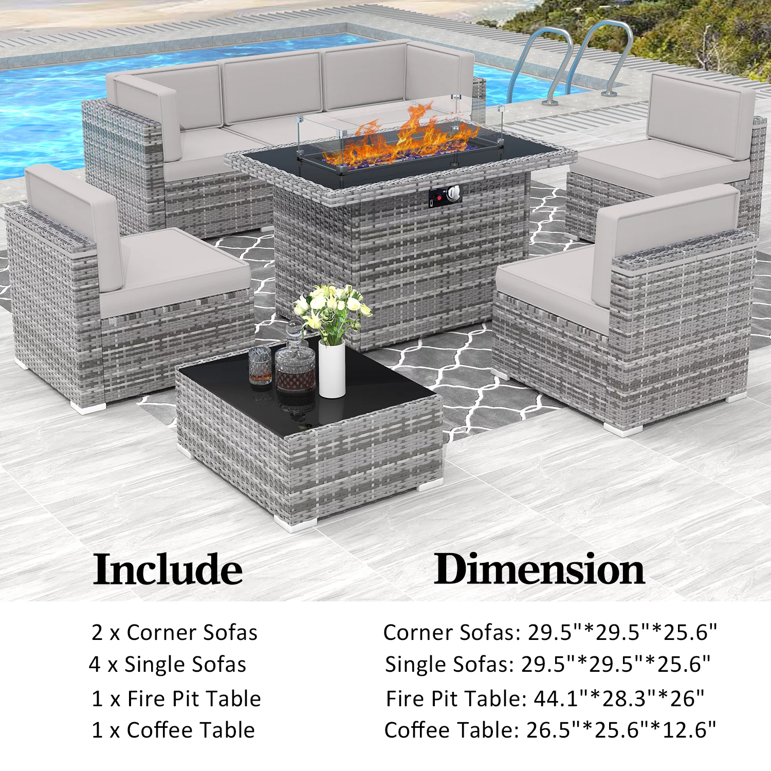 8 Piece Patio Furniture Set with 44" Propane Gas Fire Pit Table, Outdoor Sectional Conversation Set Wicker Rattan Sofa Set with Coffee Table