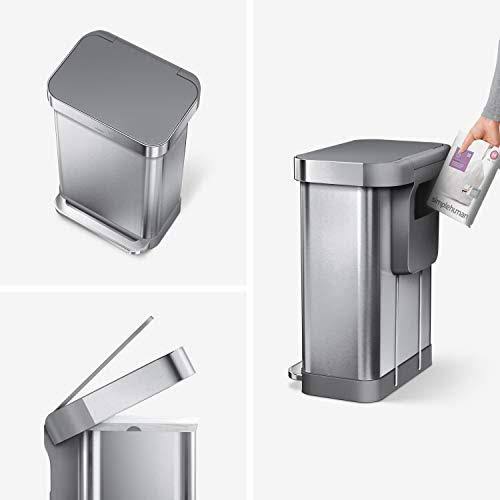 simplehuman 45 LITER Rectangular Kitchen Step Soft-Close, Brushed Stainless Steel with Plastic Lid Hands-Free Trash Can