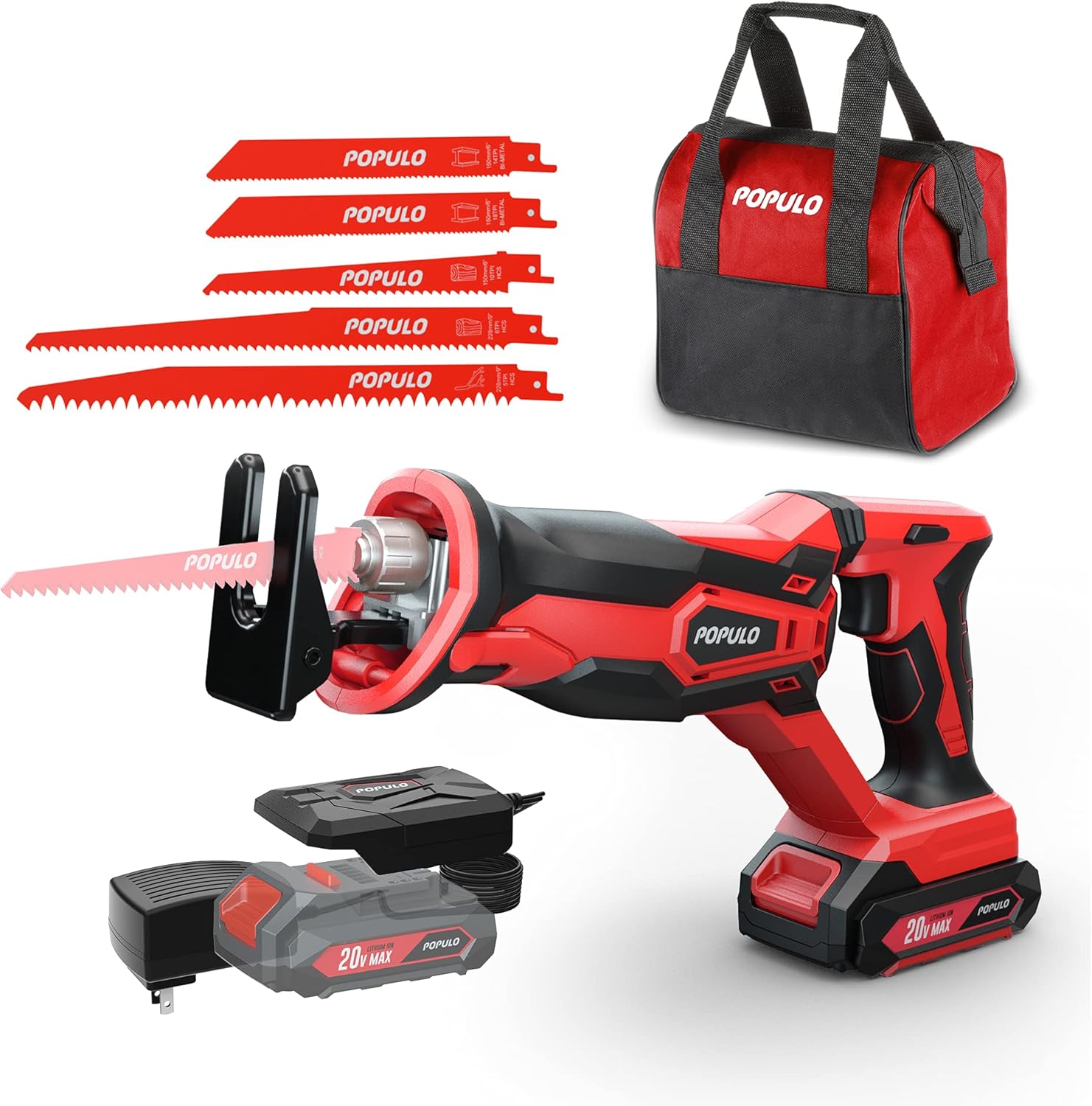 POPULO Cordless Reciprocating Saw, 20V MAX 2.0Ah Battery Power Saw, Electric Saws All Saw for Wood, Trees, or Metal Cutting, Cordless Sawzall with Battery and Charger Pack of 2