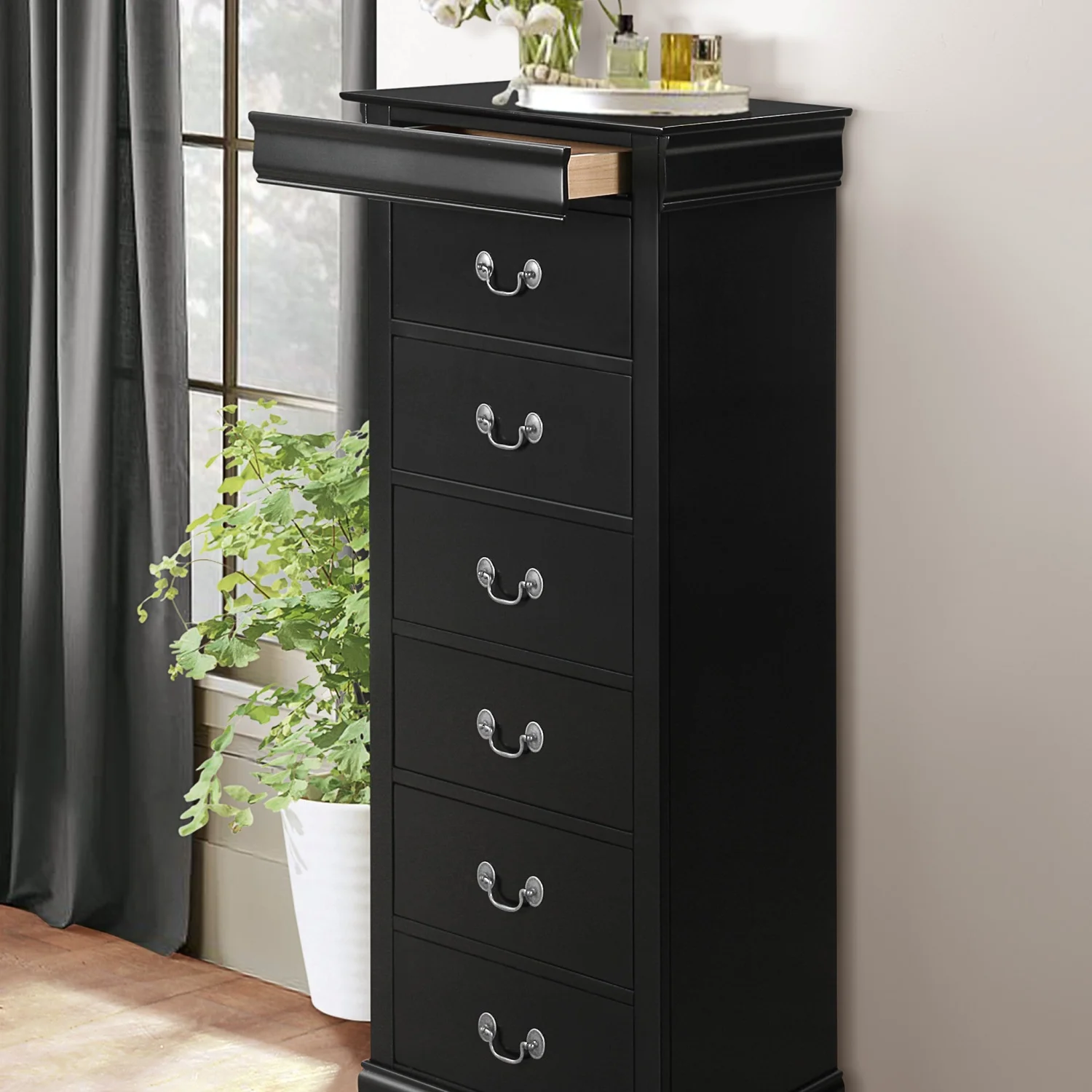 Classic Louis Phillippe Style 7-Drawer Lingerie Chest in Elegant Black Finish with Traditional Design and Hidden Drawers - Wooden Furniture - Curated Treasures Market