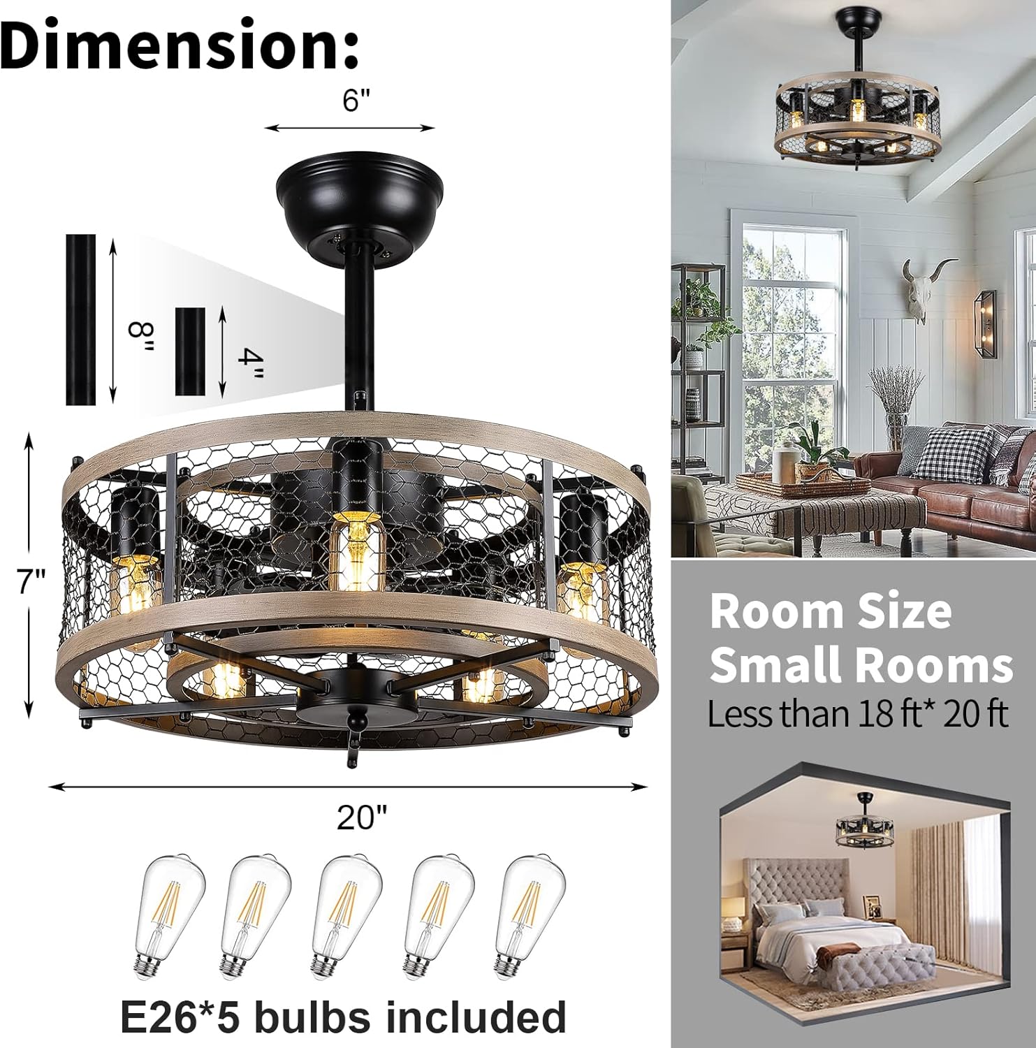 Caged Ceiling Fan with Lights Remote Control, Bladeless Rustic Farmhouse Ceiling Fan with Light, MADSHNE 20'' Small Modern Industrial Bedroom Ceiling Fan, Reversible