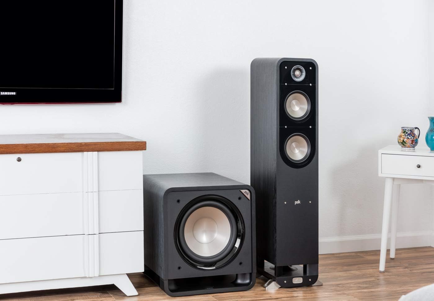 Polk Audio HTS 12 Powered Subwoofer with Power Port Technology | 12” Woofer, up to 400W Amp | For the Ultimate Home Theater Experience | Modern Sub that Fits in any Setting | Washed Black Walnut