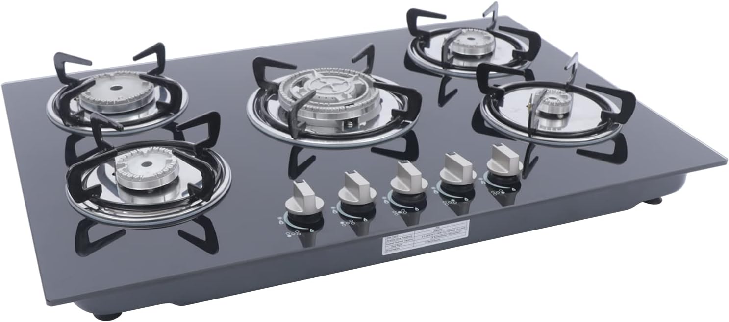 30 Inch Gas Cooktop 5 Burners Gas Stove Gas Hob Stovetop Tempered Glass Cooktop Cast Iron Grates Built-in Gas Stove Top LPG/NG Gas Cooktop Flameout Protection (5 Burners, 30'' x 20'')