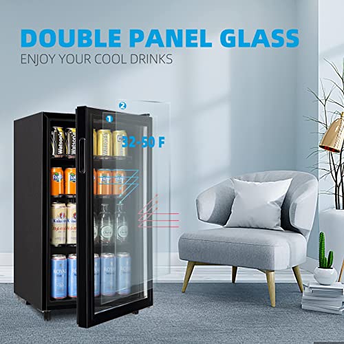 WANAI Mini Fridge Cooler Beverage Refrigerator Glass Door Beverage Cooler for Beers Wine Juicer Cooler Adjustable Shelves LED Lights for Home, Office or Bar