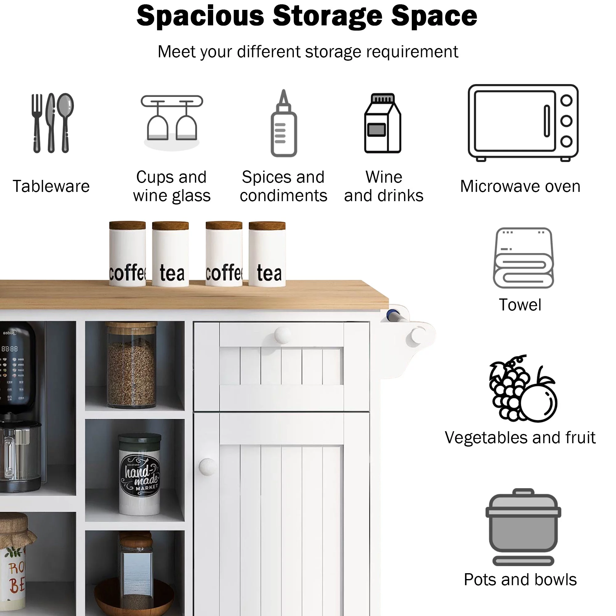 DEALTOPS Kitchen Island Cart with Storage Cabinet and Two Locking Wheels,Solid Wood Desktop,Microwave Cabinet,Floor Standing Buffet Server Sideboard for Kitchen Room,Dining Room,Bathroom-White - Curated Treasures Market