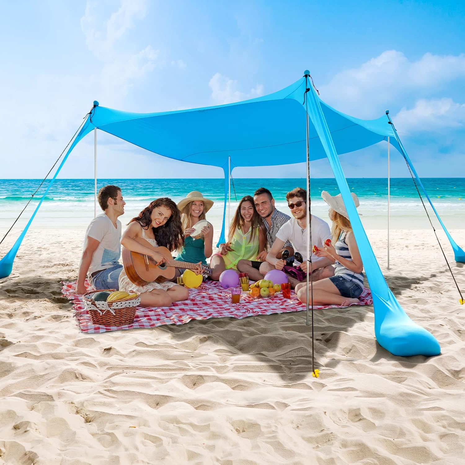 COMMOUDS Beach Tent Canopy with 4 Aluminum Poles, UPF50+ Pop Up Beach Sun Shade, Portable Beach Sun Shelter, Easy Set Up for Beach, Camping, Fishing, Backyard and Outdoor