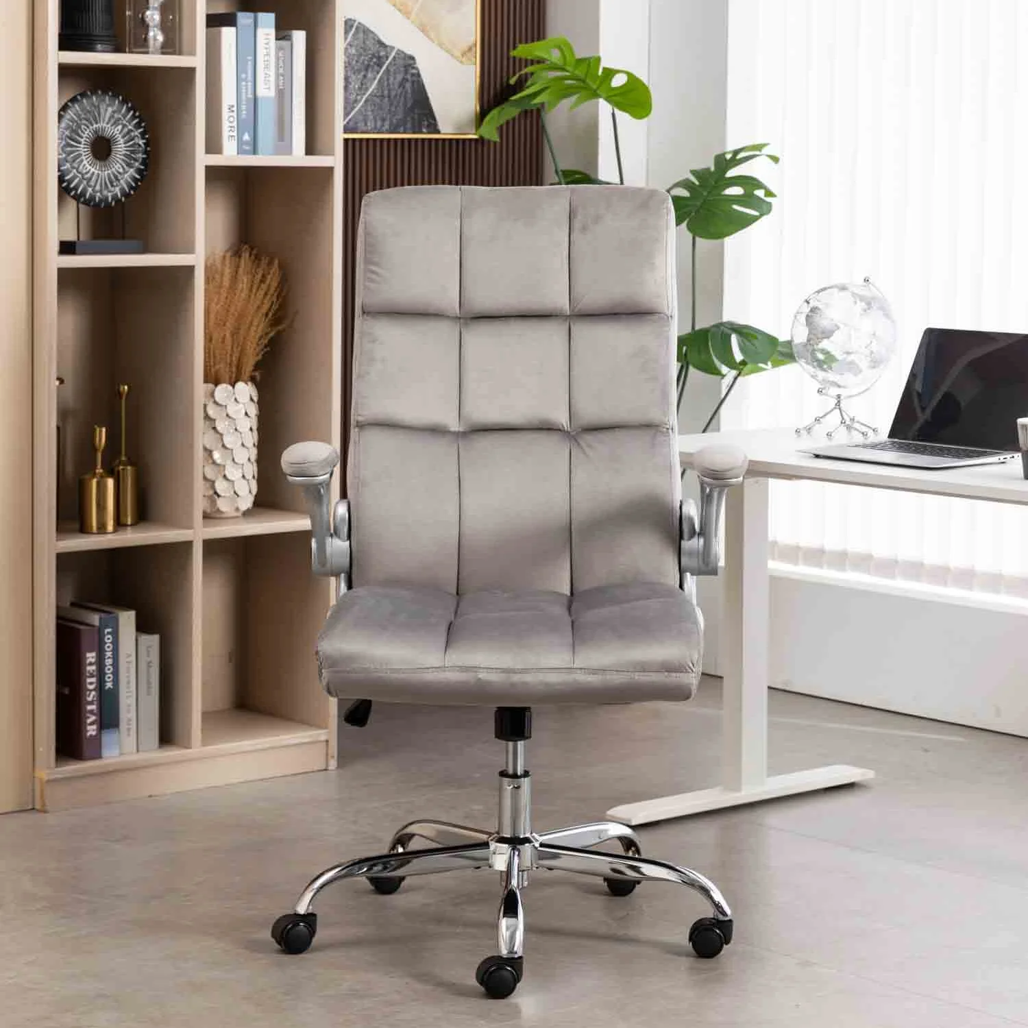 Velvet Office Chair for Home Office Desk Chair Comfy Computer Chair, Home Office Chairs with Wheels and Flip-Up Arms, High Back Cute Office Chair Work Chair (Grey)