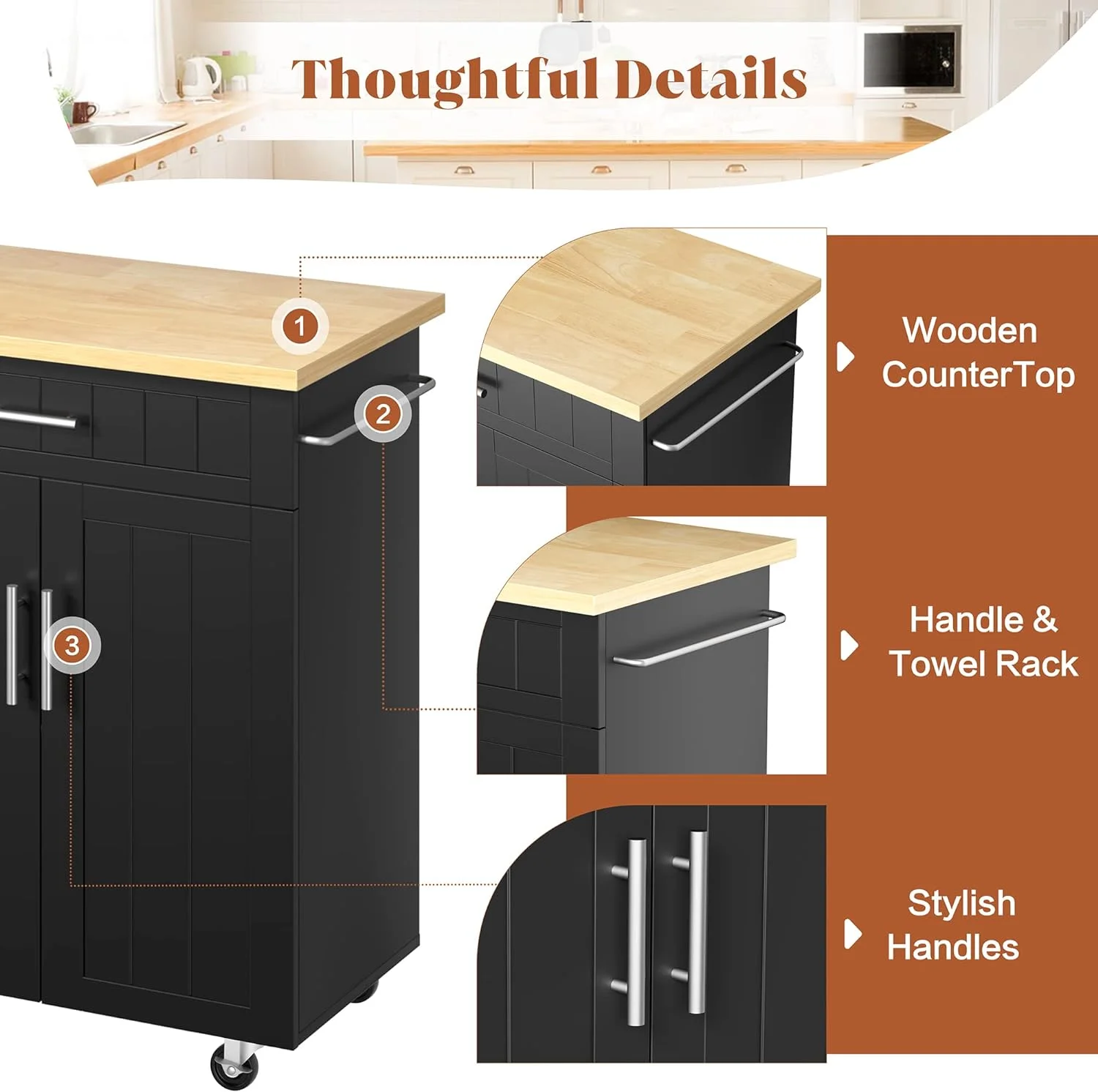 Kitchen Island on Wheels with Storage Cabinet & Drawer, 26" Width Rolling Kitchen Table, Cart Handle for Towel Rack or Free Mobility, Portable Islands for Kitchen, Dining Room(Black) - Curated Treasures Market