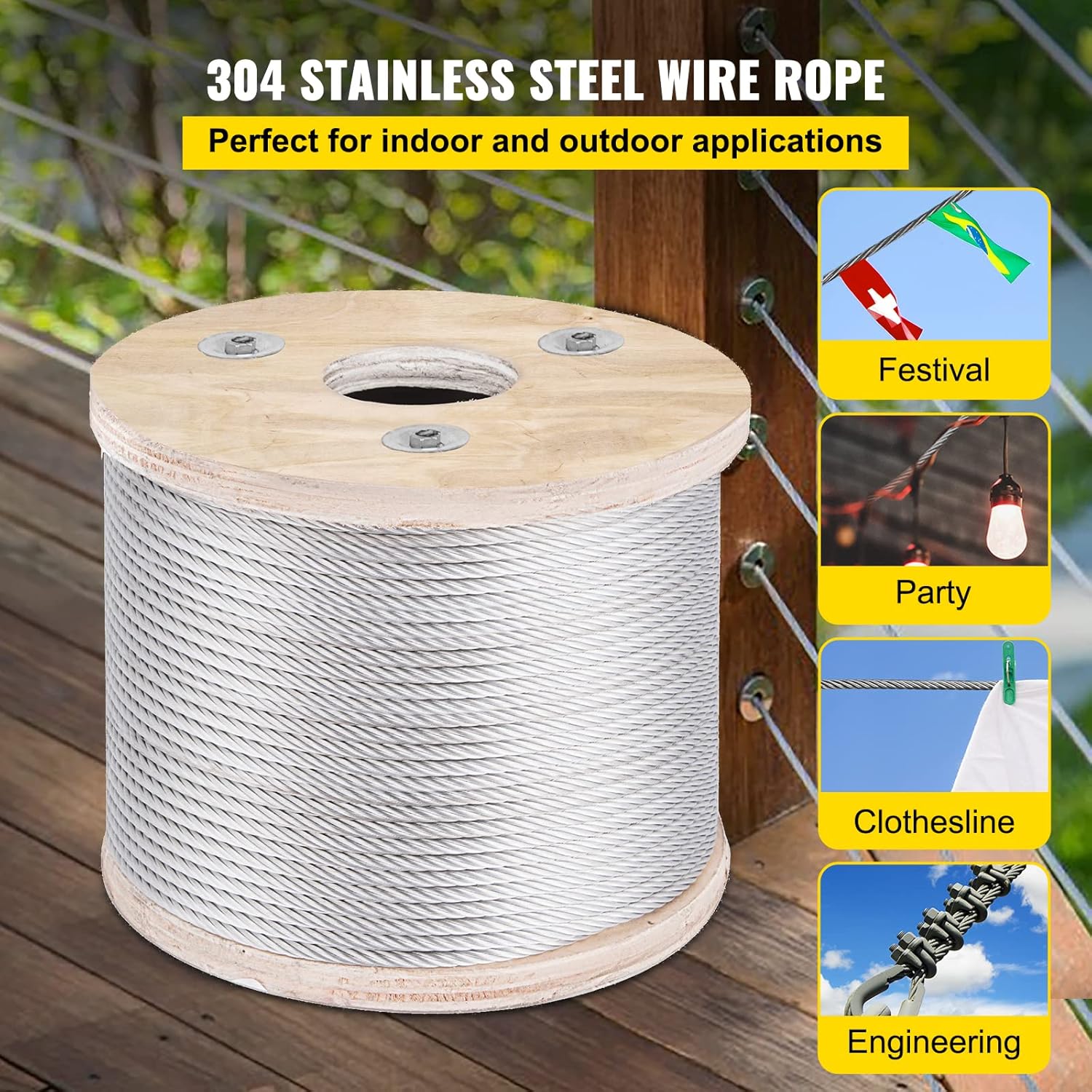 Mophorn Stainless Steel Cable Railing 3/16"x 250ft, Wire Rope 304 Marine Grade, Braided Aircraft Cable 7x19 Strands Construction for Deck,Rail,Balusters,Stair,Handrail,Porch,Fence