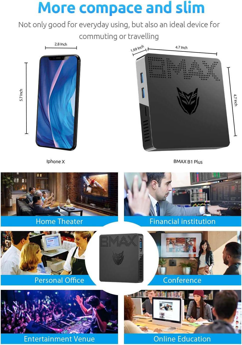 Mini PC Mini PC N4000(up to 2.6GHz) 6GB DDR4/ 64GB eMMC Mini Desktop Computer Fanless 2.4G/5G Dual WiFi HDMI+VGA 4K Dual-Screen Display, BT4.2, USB x4