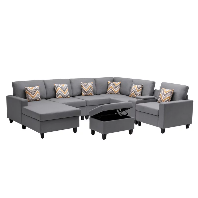 Lilola Home Nolan Linen Fabric 8Pc Reversible Chaise Sectional Sofa with Interchangeable Legs, Pillows, Storage Ottoman, and a USB, Charging Ports, Cupholders, Storage Console Table-Color:Gray