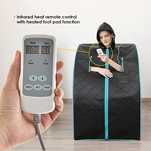 Smartmak Far Infrared Sauna, Full Body One Person Portable SPA Set with Time & Tempreture Remote Control, Heating Foot Pad and Foldable Reinforced Chair (L 27.6’’ x W 31.5’’ x H 37.8’’)- Blue Border