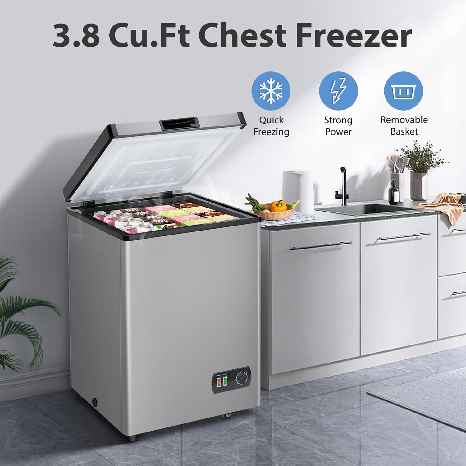Chest Freezer, 3.8 Cu Ft Compact Deep Freezer With Fast Cooling & Convenient Pulley, Perfect for Kitchen Parlor, Small Freezer With Low Noise & Energy Saving, Titanium Gray