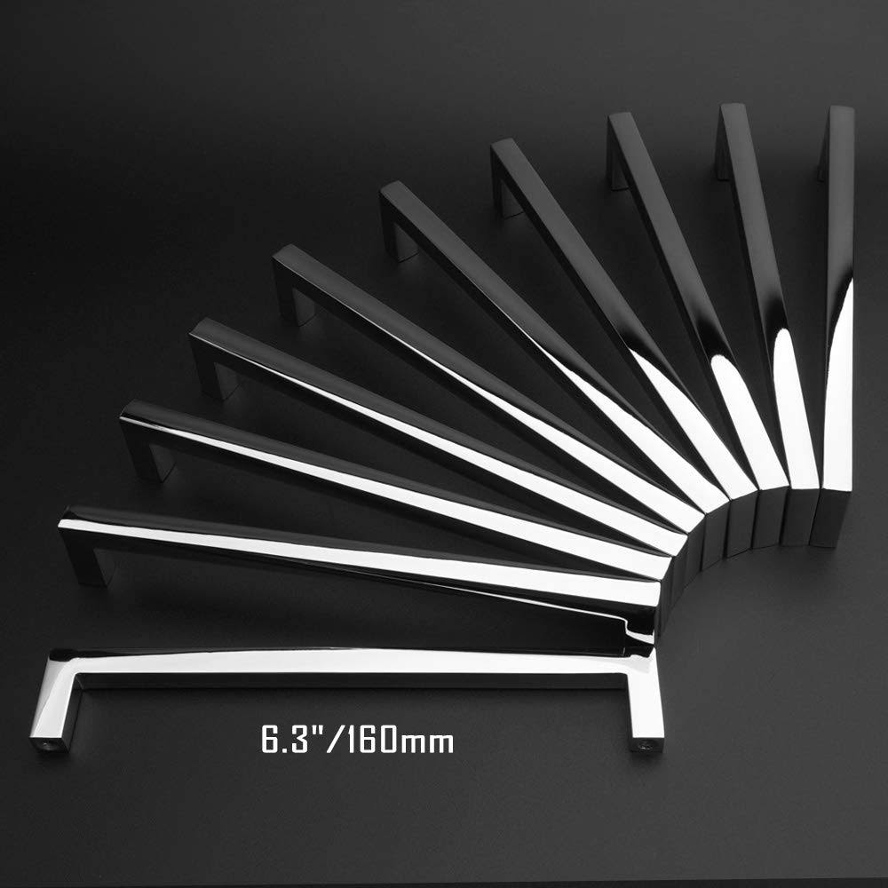Koofizo Solid Square Bar Cabinet Handle - Chrome Furniture Pull, 6.3 Inch/160mm Screwhole Distance, 10-Pack for Kitchen Cupboard