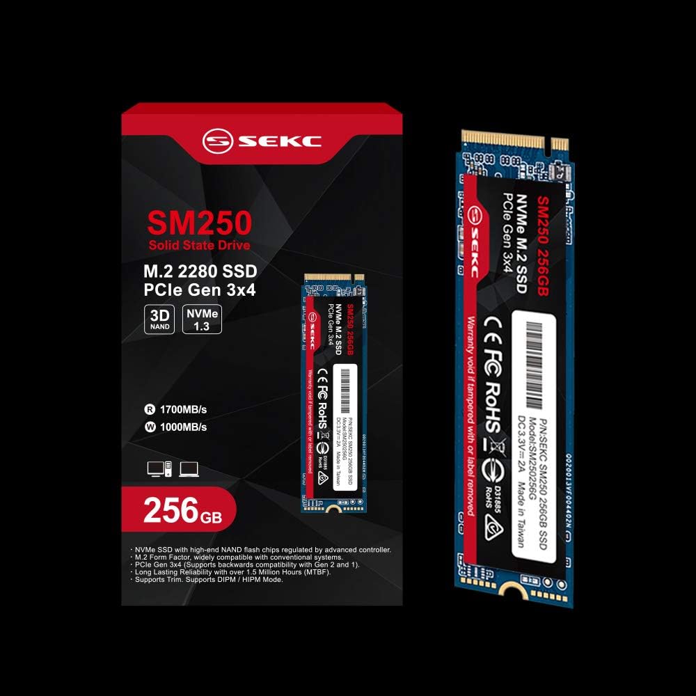 SEKC SM250256G 256GB NVMe M.2 2280 PCIe Gen 3x4, Solid State Drive R/W CDM Up to 1700/1000 MB/s, (Atto) Up to 3300/3100 MB/s, Internal SSD Pack of 2