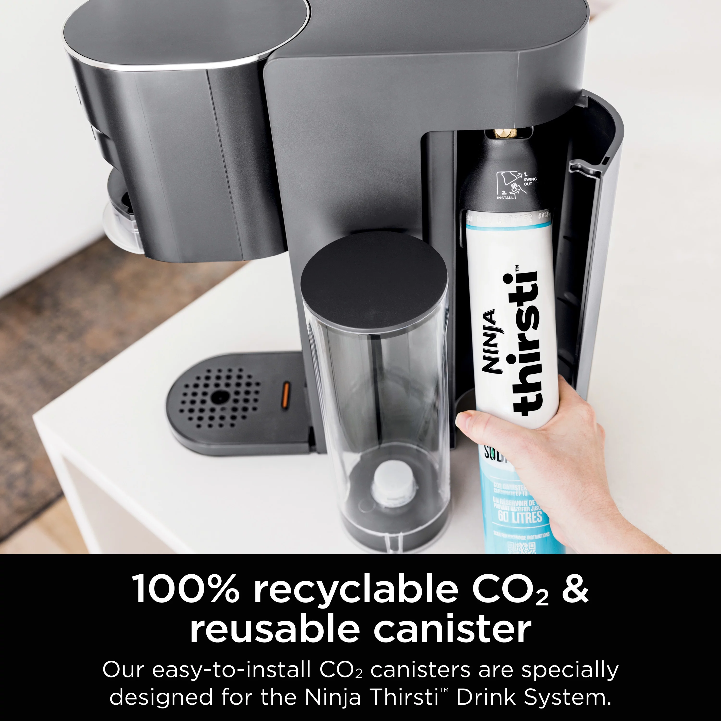 Ninja Thirsti Drink System Complete Still and Sparkling Customization Drink Kit with CO2 Canister, Flavors, and 48oz Reservoir, WC1000, Gray