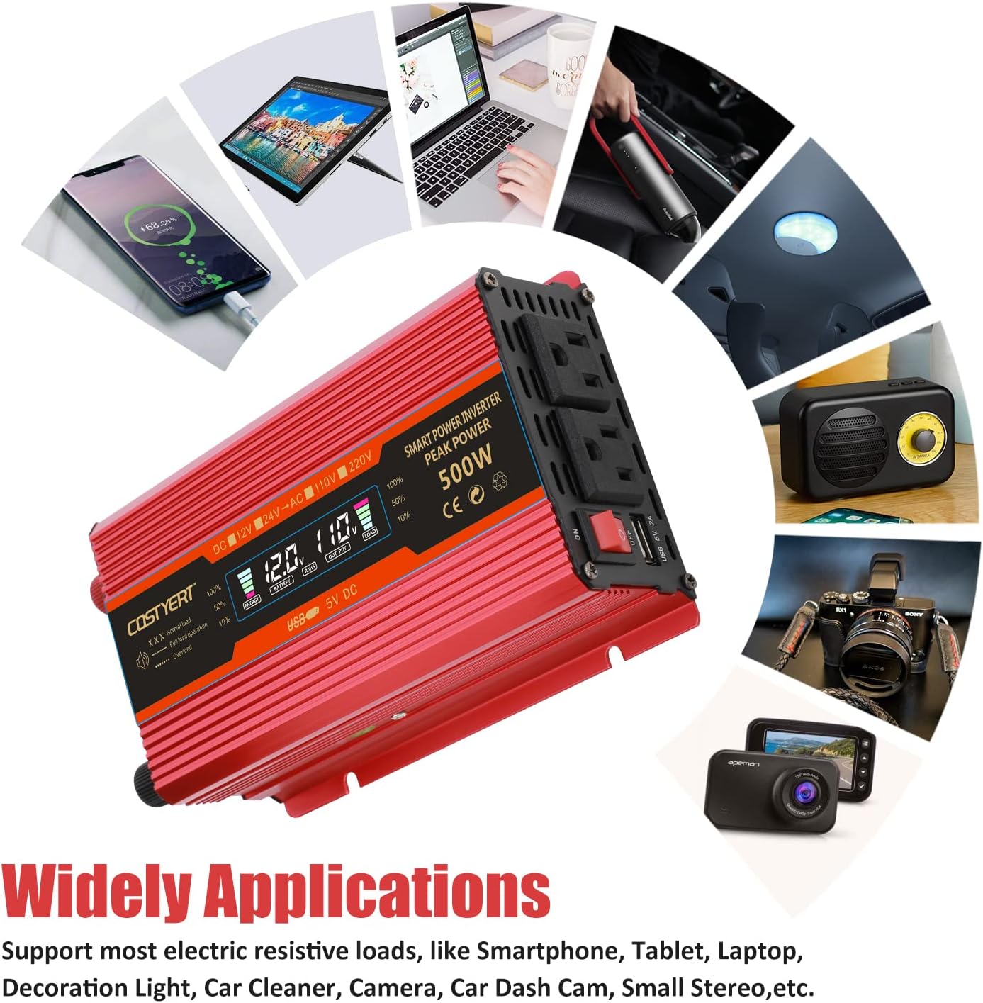 COSTYERT 500W Power Inverter DC 12V to 110V AC Car Inverter with Alligator Battery Clamp, LCD Display, Dual AC Outlets & 2.0A USB Ports Charger, Red