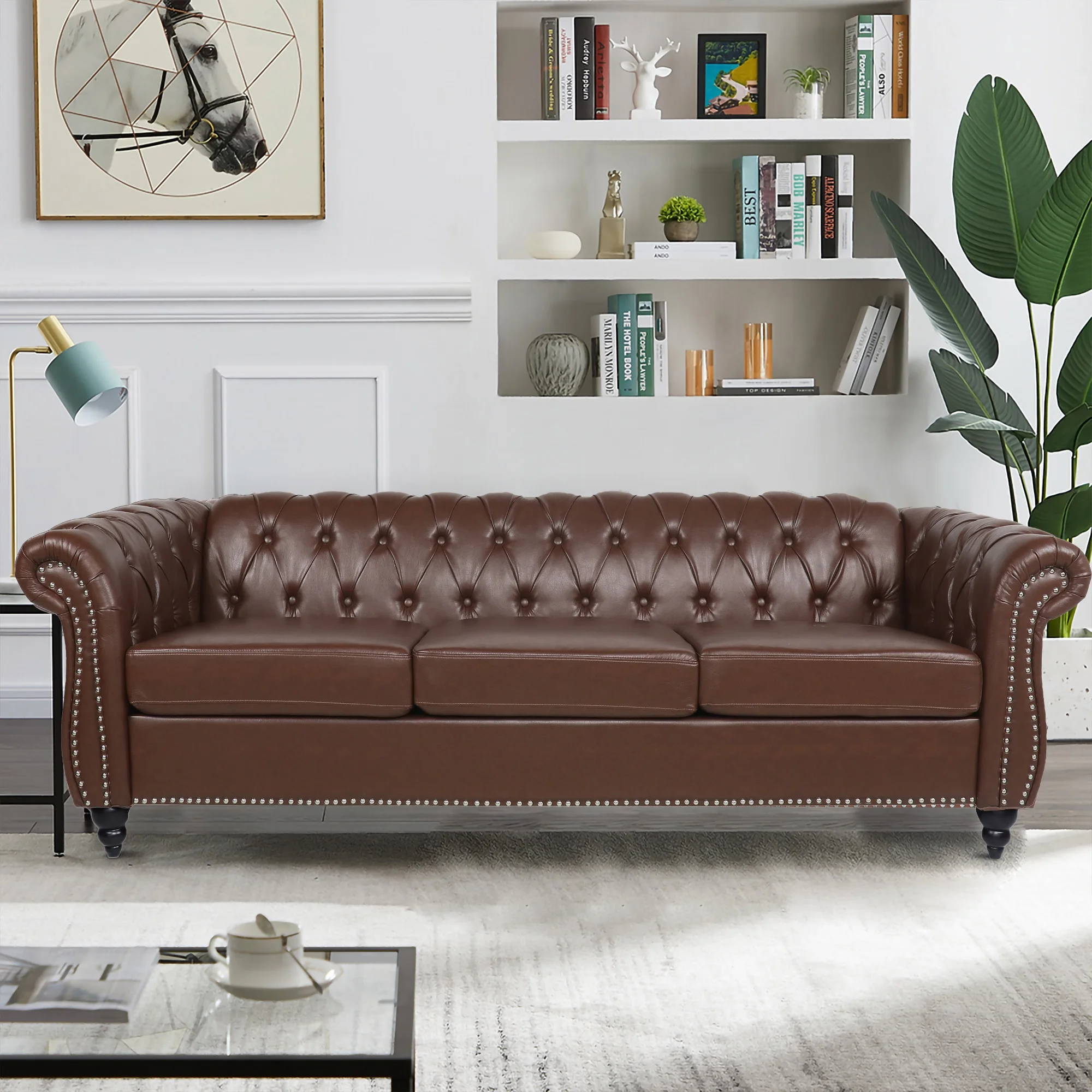 Yocwo 84" Faux Leather Sofa Couch,3 Seater Chesterfield Sofa,Upholstered Rolled Arms Sofa with Nailhead Trim for Living Room, Brown
