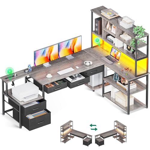 AODK 71 inch L Shaped Desk with File Drawers, Reversible L Shaped Gaming Desk with Power Outlets & LED Lights, Computer Desk with Storage Shelves for Home Office, Black