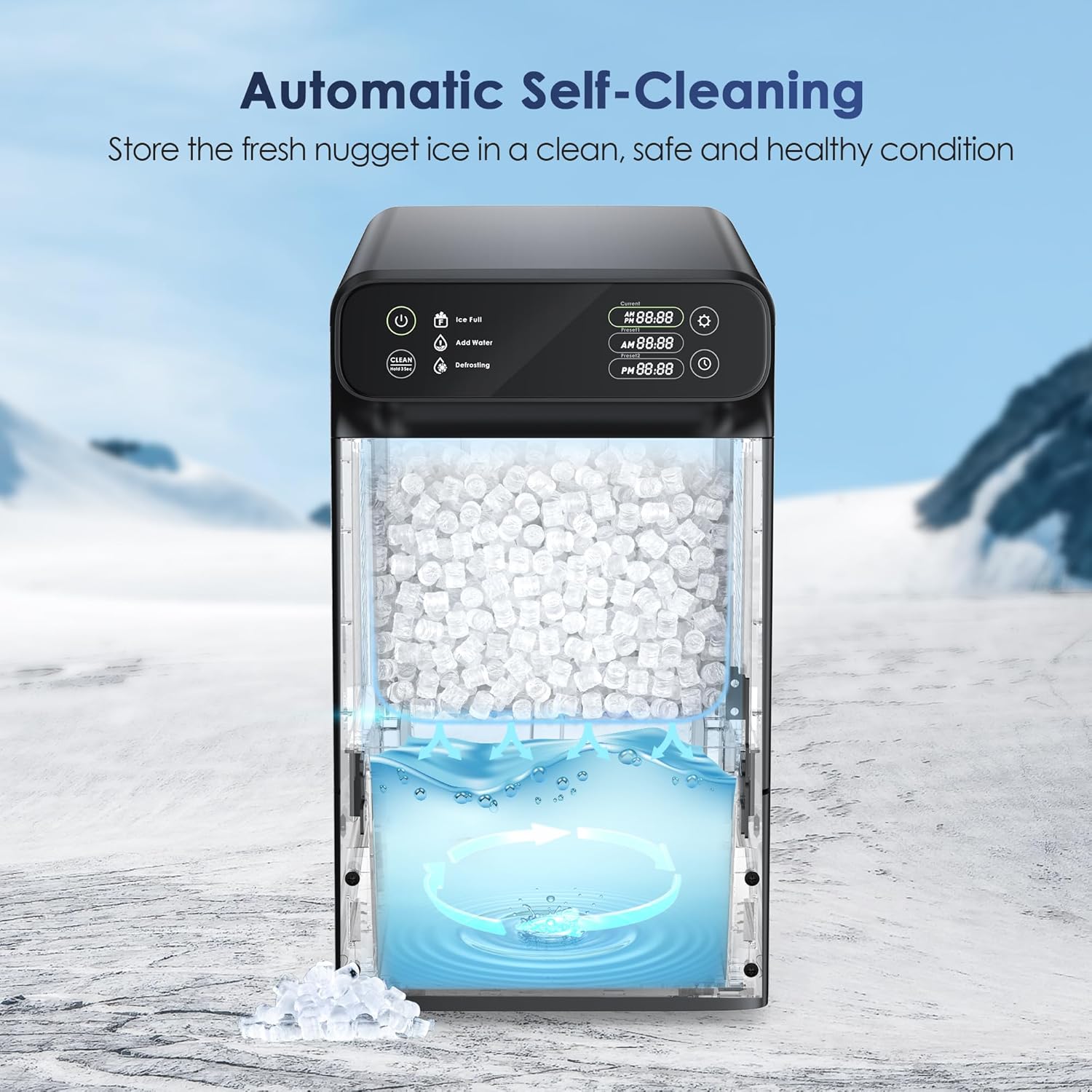 Oraimo Nugget Ice Maker, Ice Makers Countertop, 33 lbs/Day, Time Preset on LED Display, Self-Cleaning & Auto Water Refill, Sonic Pebble Ice Machine