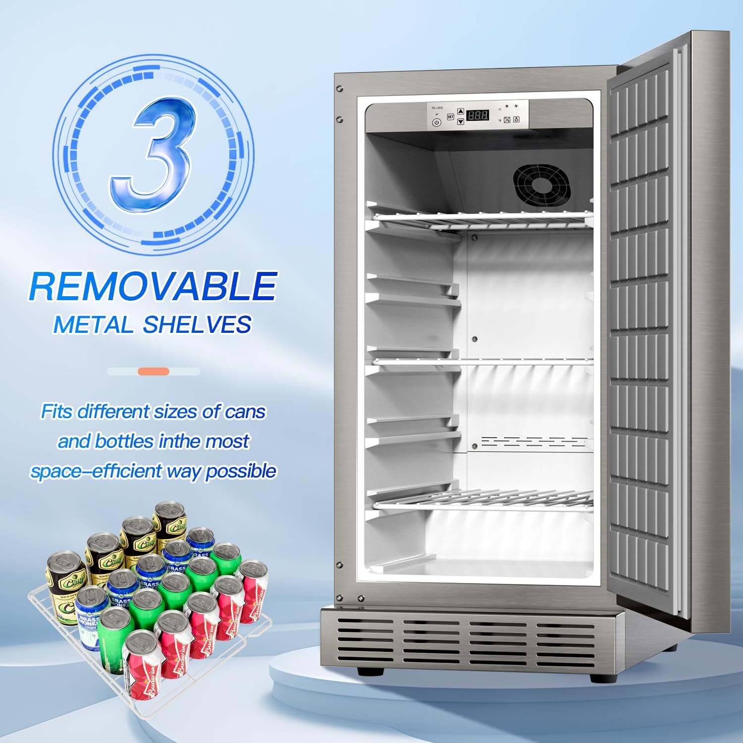 15 Inch Outdoor Refrigerator, Weather Proof Stainless Steel Beverage Beer Cooler Under Counter Fridge, Indoor/Outdoor Refrigerator with 3 Shelves for Patio Kitchen and Commercial Use