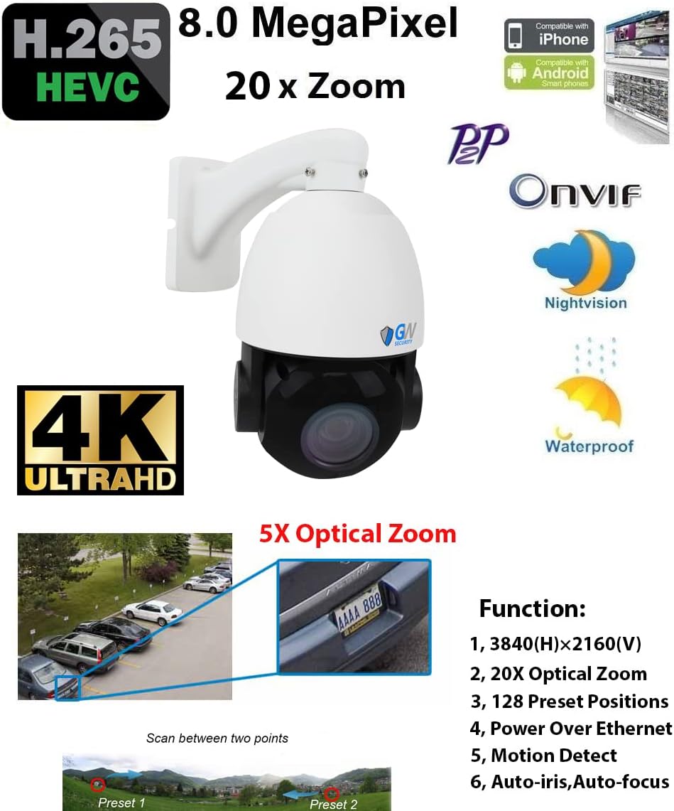 GW Security 8MP Pan Tilt Zoom IP PoE 20X Optical Zoom 4K 3840 x 2160p Outdoor Indoor Security Speed Dome PTZ Camera with 330ft IR Night Vision (GW800PTZ)