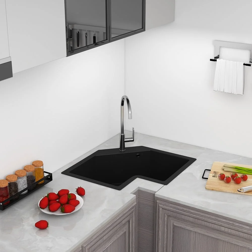 Homary 25" Black Drop In Corner Kitchen Sink Modern Single Bowl Quartz Irregular Sink