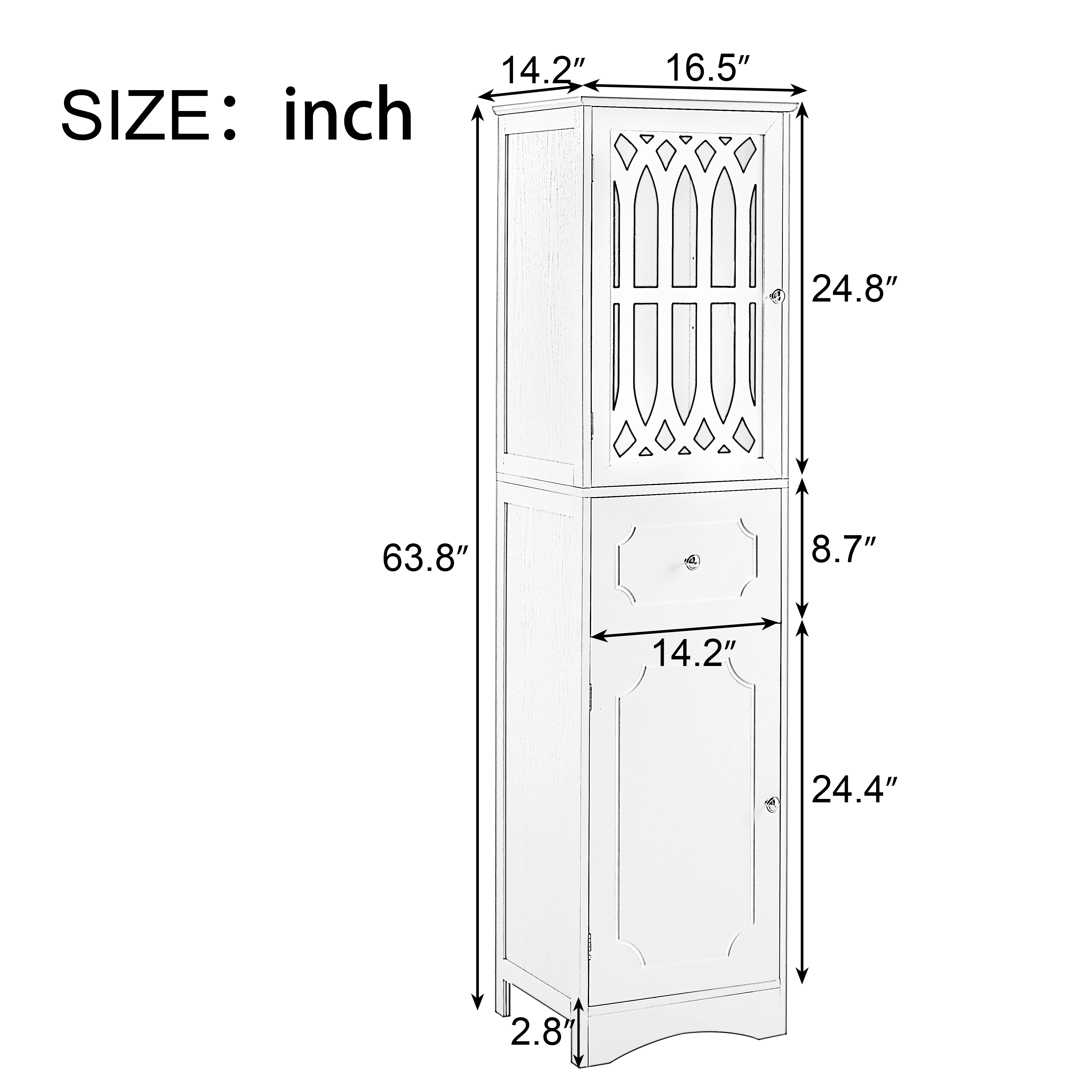 Modern Tall Bathroom Storage Cabinet with Doors Drawers, Wood Floor Freestanding Organizer for Bedroom Living Room