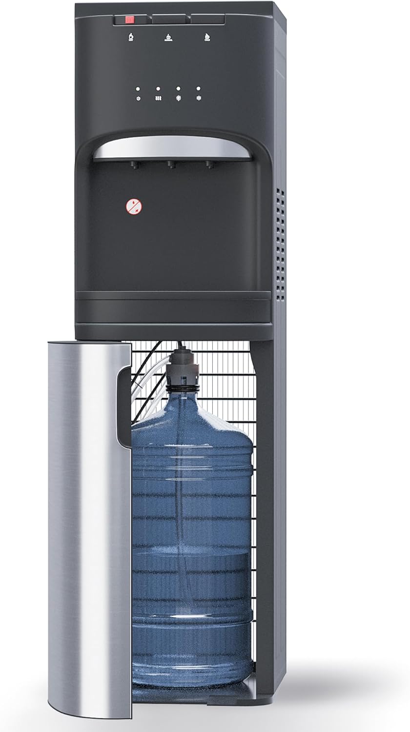 Self-Cleaning Bottom Loading Water Dispenser, 3 Temperature Settings Water Dispenser, 3 or 5 Gallon Bottled Water with UV Light, Stainless Steel Water Dispenser for Home, Office, Black