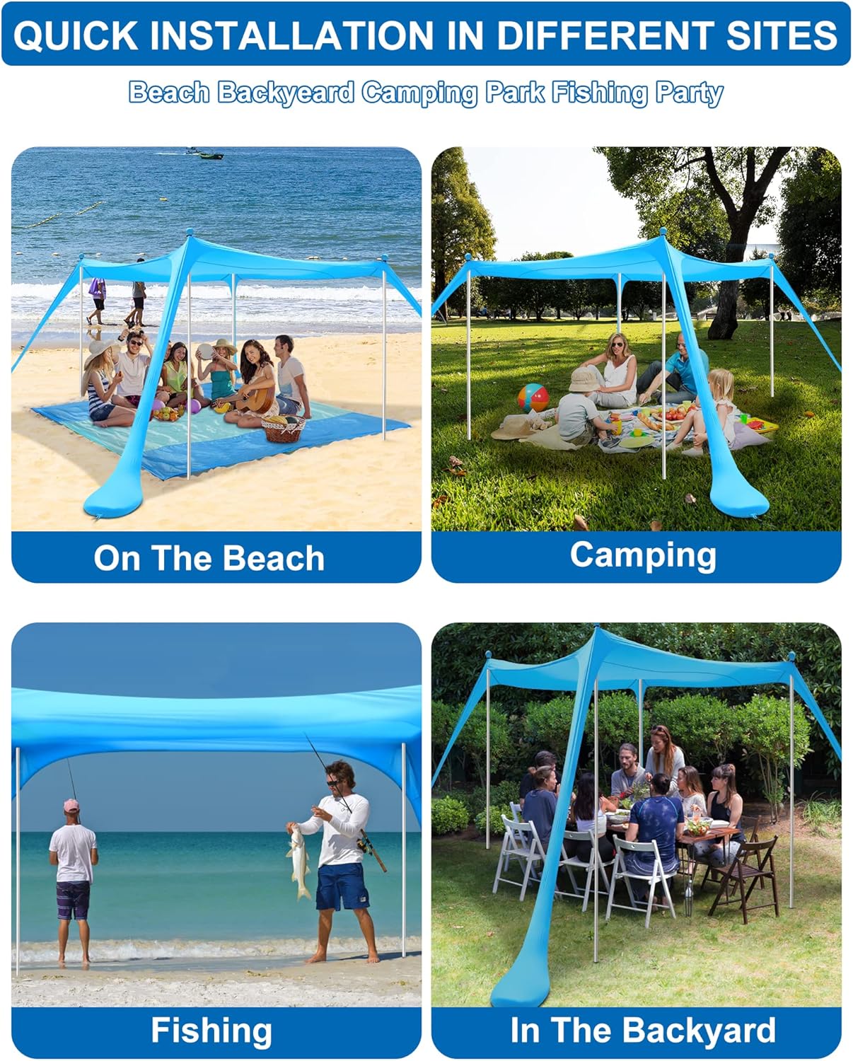 Beach Tent MAXVINI 10×10FT Beach Canopy with 4 Aluminum Poles Beach Shade for 6-8 Adults Pop Up Beach Tent Sun Shelter UPF50+ Easy Setup Beach Tents for Beach Lawn Park Fishing Backyard and Picnic