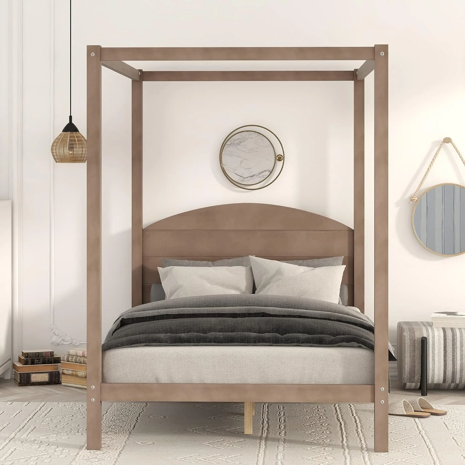 Canopy Bed Frame Full Size, 4-Post Canopy Platform Bed Frame With Headboard And Support Legs, Solid Wood Full Bed Frame For Kids Teens Adults, No Box Spring Needed (Full, Brown Wash)