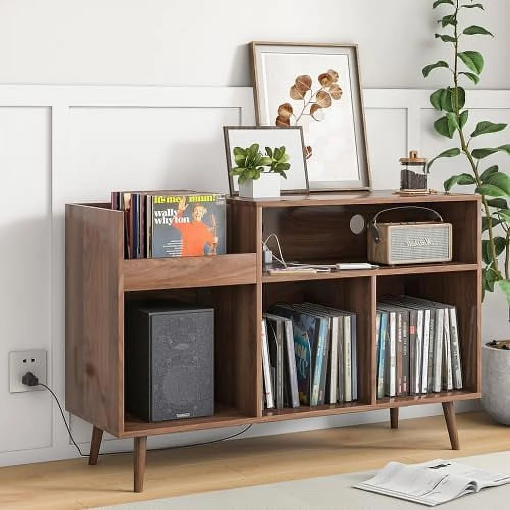 TJBOLIFE Mid-Century Record Player Stand with  Vinyl Record Cabinet Record Player Table with Power Outlet Turntable Stand Large Record Holder Holds for Bedroom Living Room