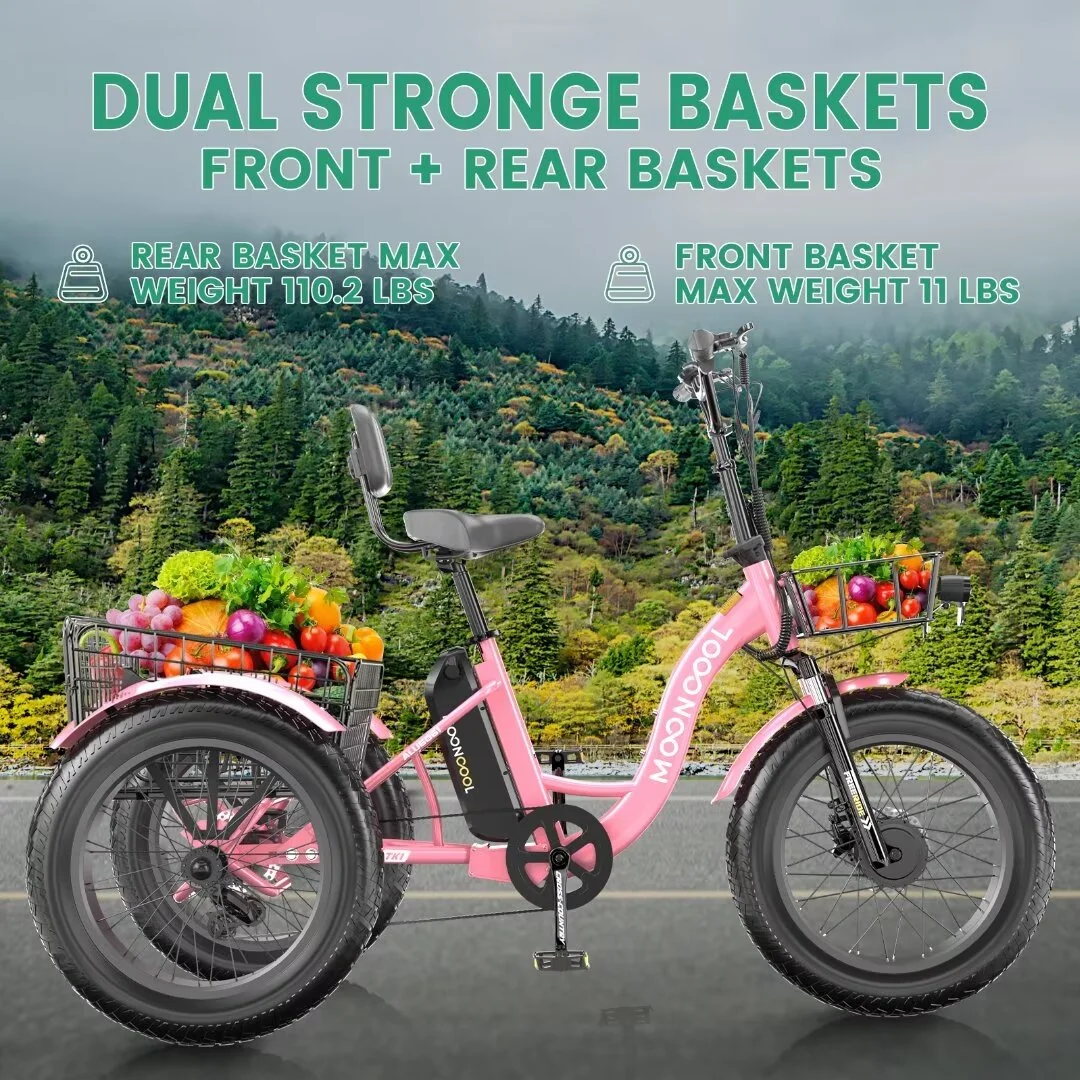NAIZEA 20" Electric Trike Tricycle for Adults, 7 Speed Fat Tire Electric Trike, 3 Wheels Bike for Adults with Front and Rear Baskets, Lithium Battery UL Certified - Curated Treasures Market