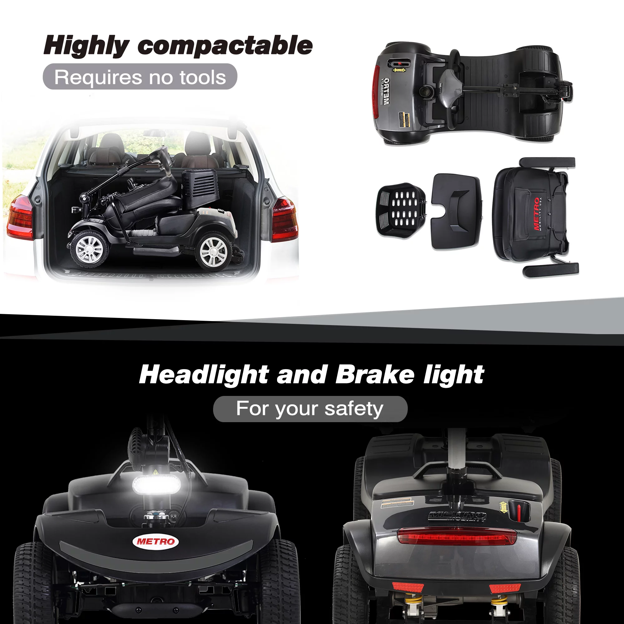 BTMWAY Mobility Scooter, 4 Wheels Electric Scooter for Seniors, Compact Folding Travel Mobility Scooters for Adult, Transformer Mobility Scooter with Swivel Seat, Front and Rear LED Light, Silver
