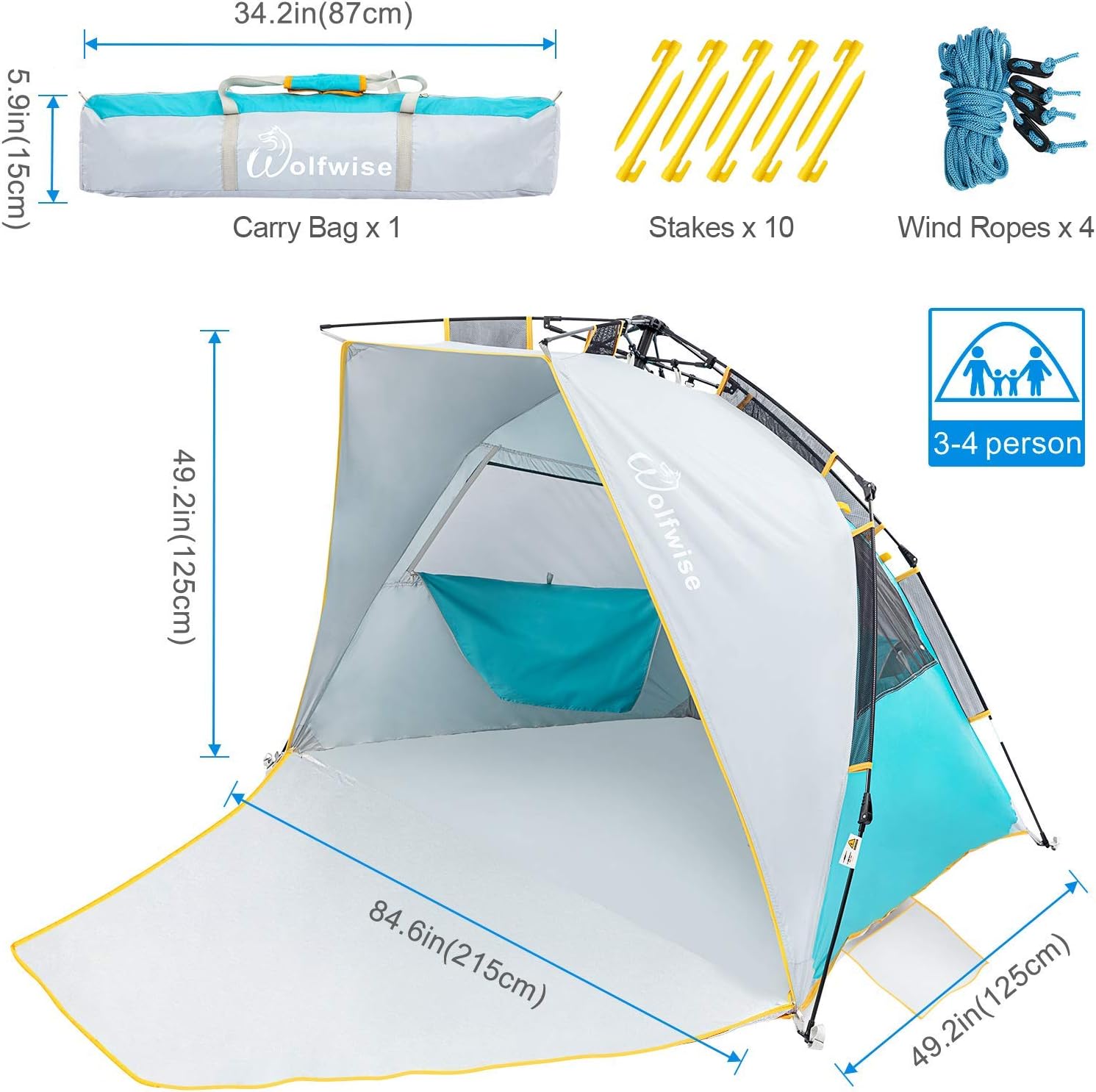 WolfWise 3-4 Person Easy Up Beach Tent UPF 50+ Portable Instant Sun Shelter Canopy Umbrella with Extended Zippered Porch