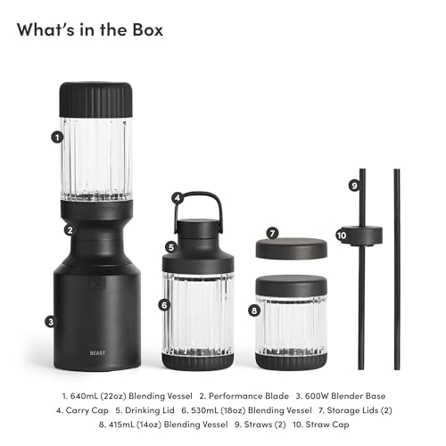 The Beast Mini Blender Plus | Mini Countertop Kitchen Blender | Blend Smoothies and Shakes, Dressings, Sauces, Dips | Extra Vessels, Straw Cap and Straws Included | 600W