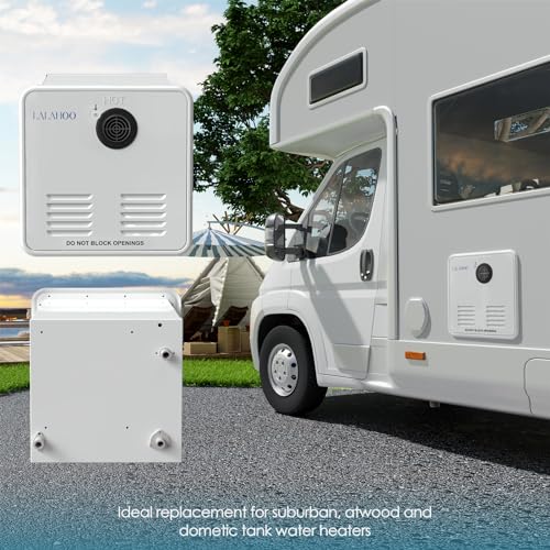 RV Tankless Water Heater DC 12V Instant Endless Hot Water with 15 x 15 inches White Door and Remote Controller LCD Display Compatible with all RV