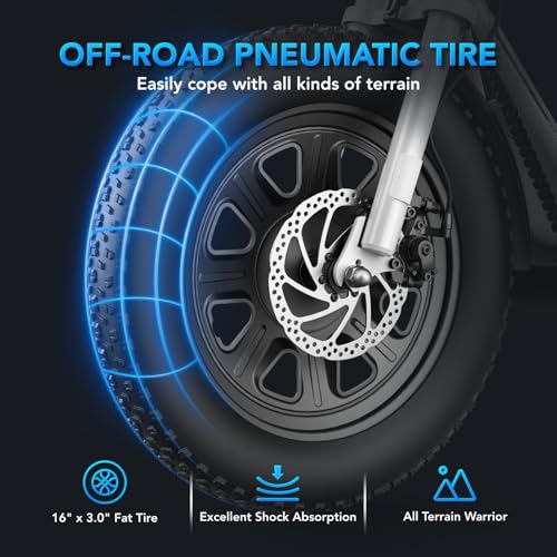Caroma Peak 800W/1200W Electric Scooter with Seat, 16" All Terrain Fat Tire Electric Dirt Bike, Max 25/30Miles Ranges, Top Speed 20Mph, Electric Motorcycle Bicycle with Basket for Pets & Cargo