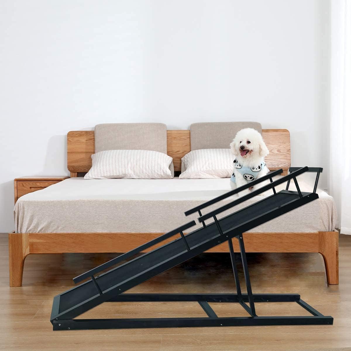 Youfun Dog Ramp 3.0 for High Beds(Walnut) - 59 Long for Small/Medium Dogs Up to 50lbs, Hardwood Folding Pet Ramp with PAW Grip Non-Slip Carpet&Safety Rails - Adjustable Height 17 to 32 inches Tall