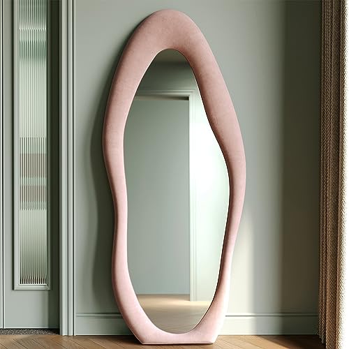 Honyee Full Length Mirror, 63" x 24" Wall Mirror, Flannel Wrapped Wooden Frame Floor Mirror, Irregular Wavy Mirror Hanging or Leaning Against Wall for Cloakroom/Bedroom/Living Room, Milk Tea