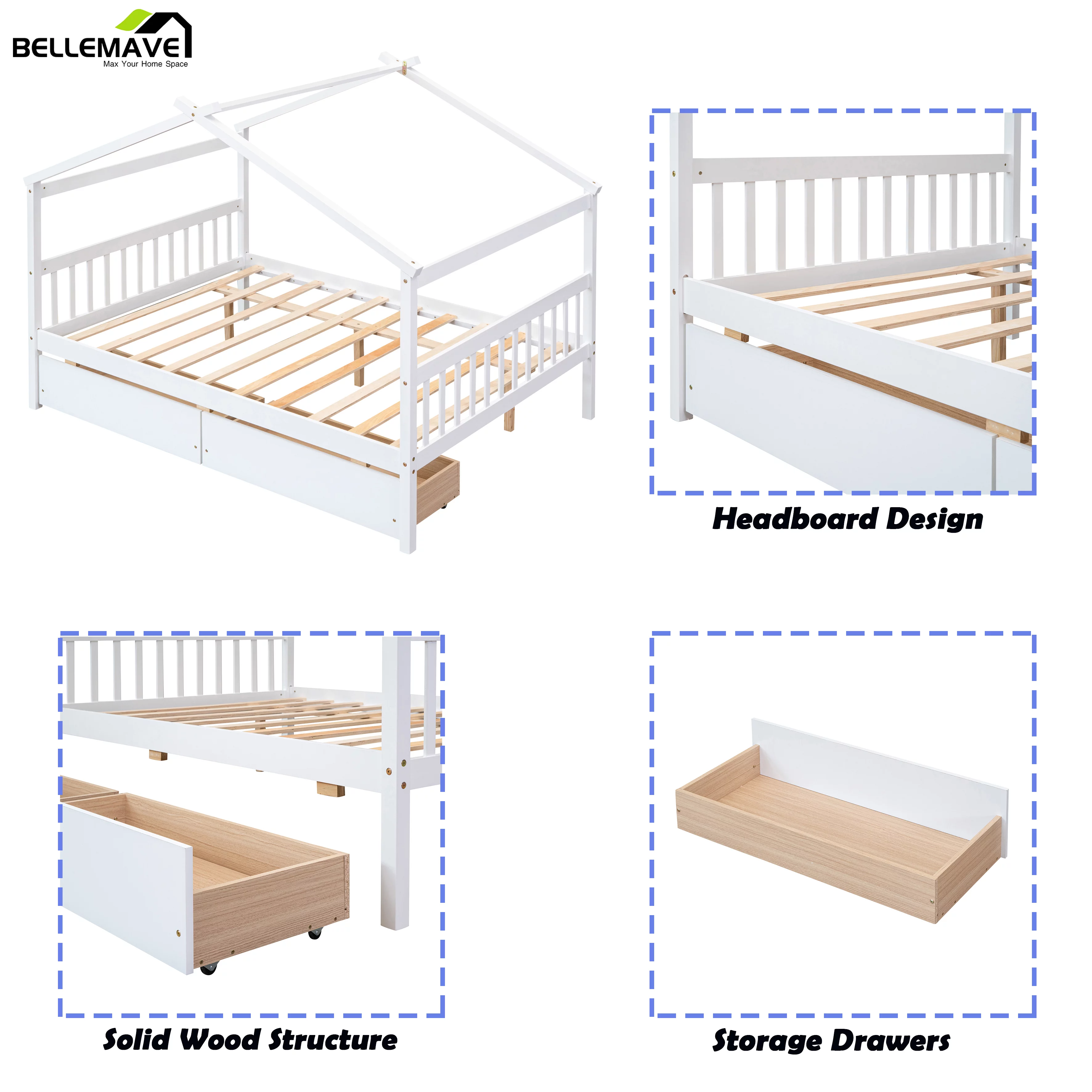 Bellemave Kids House Bed with Drawers Full Size Platform Bed with Storage Playhouse Design Wooden House Bed Frame With Headboard and Footboard for Boys Girls Teens, White