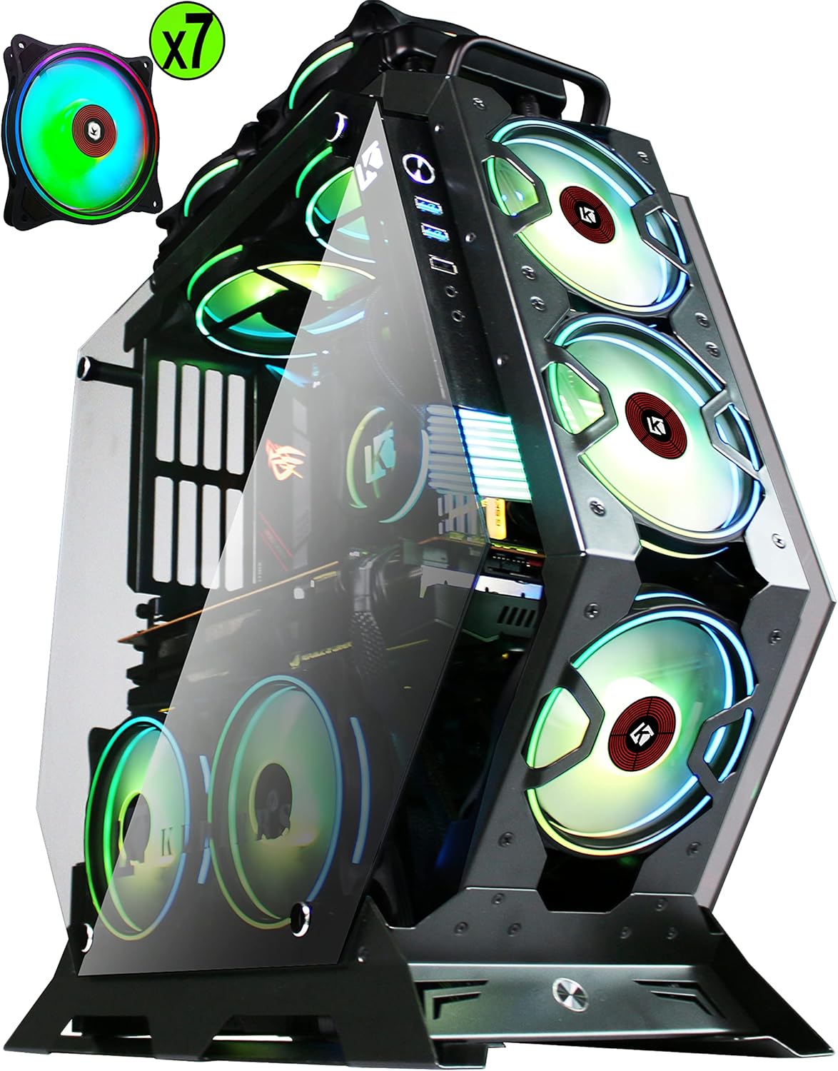 KEDIERS PC Gaming Case Computer Case ATX Mid Tower Open Case - USB3.0 - Remote Control - 2 Tempered Glass - Cooling System - Airflow - Cable Management