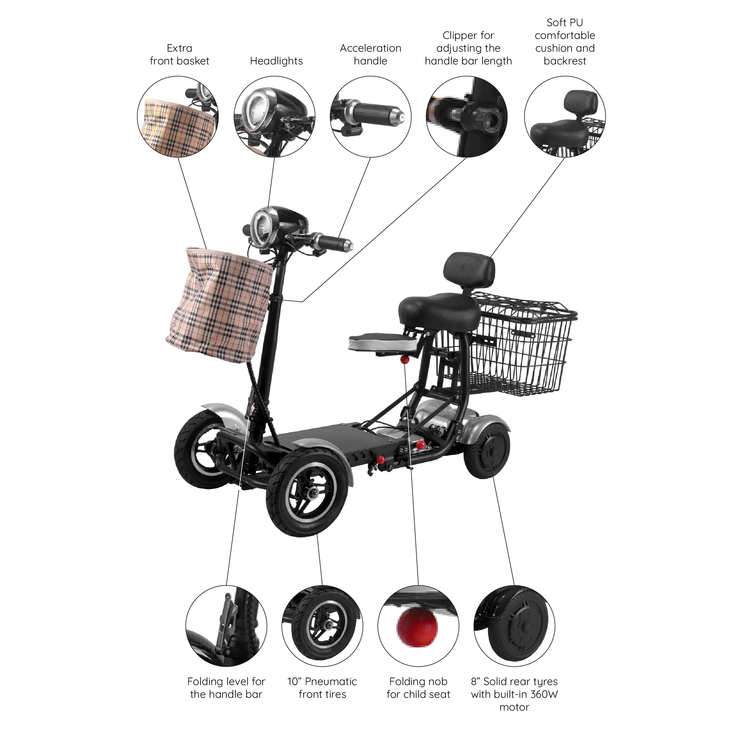 Bangeran Electric Mobility Scooter, 4 Wheel Foldable Portable, Up to 12 Miles - Blue