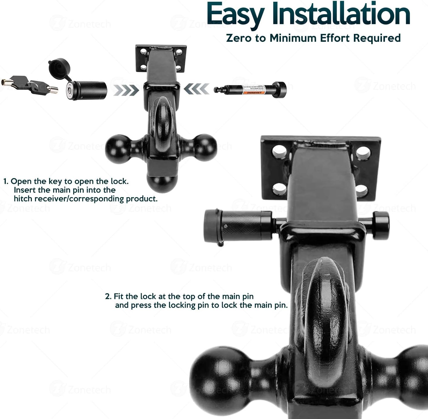 Zone Tech Trailer Hitch Receiver Lock - Premium Quality Anti-Theft 5/8 Pin for Class III IV 2 and 2-1/2 Receiver with Rubber Cap - Durable Metal Weatherproof Receiver-for Tow Trailer, Car, Boat