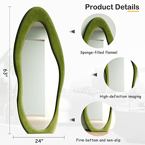 Honyee Full Length Mirror, 63" x 24" Wall Mirror, Flannel Wrapped Wooden Frame Floor Mirror, Irregular Wavy Mirror Hanging or Leaning Against Wall for Cloakroom/Bedroom/Living Room, Milk Tea