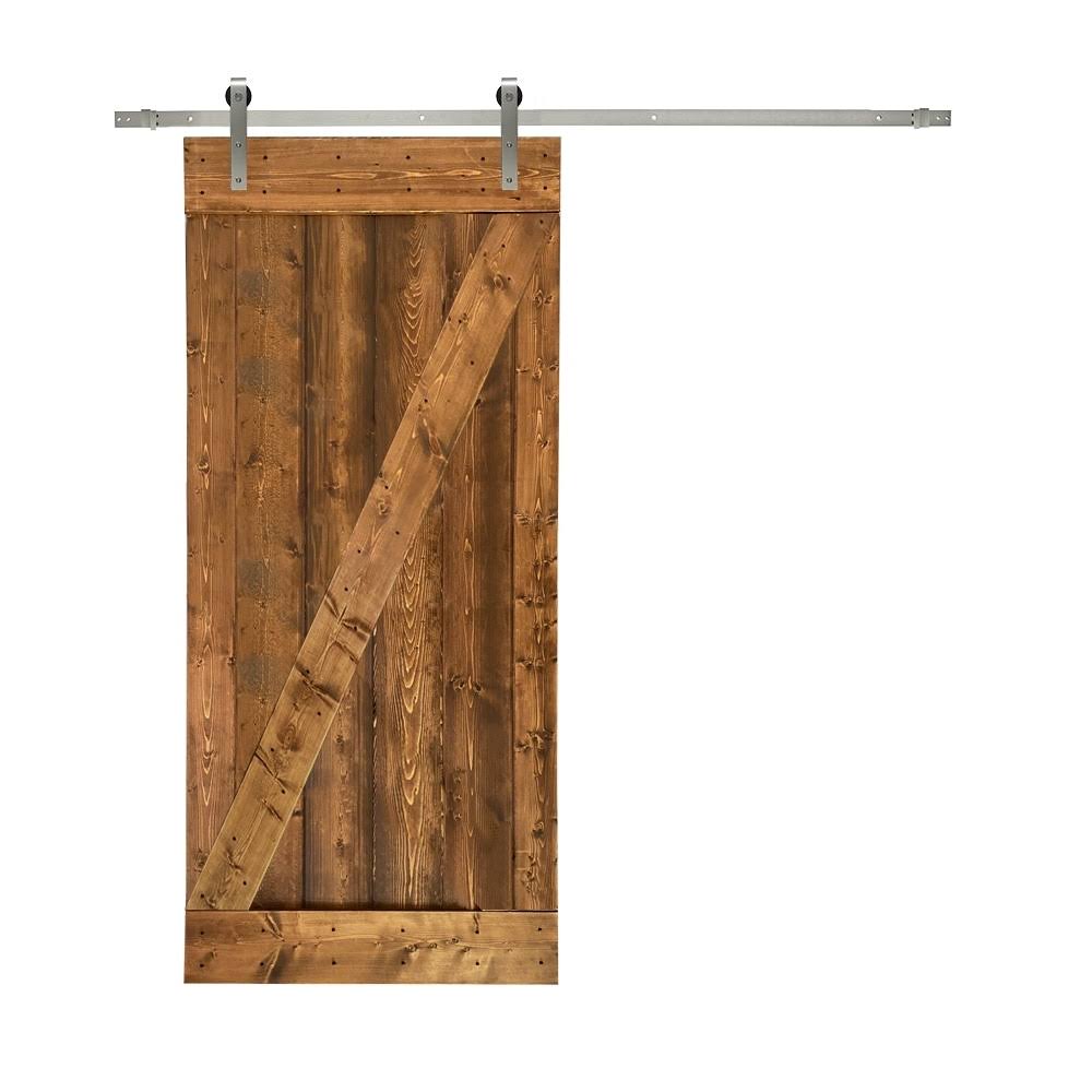 Calhome Z Bar Series 36 in. x 84 in. Pre-Assembled Red Walnut Stained Wood Interior Sliding Barn Door with Hardware Kit