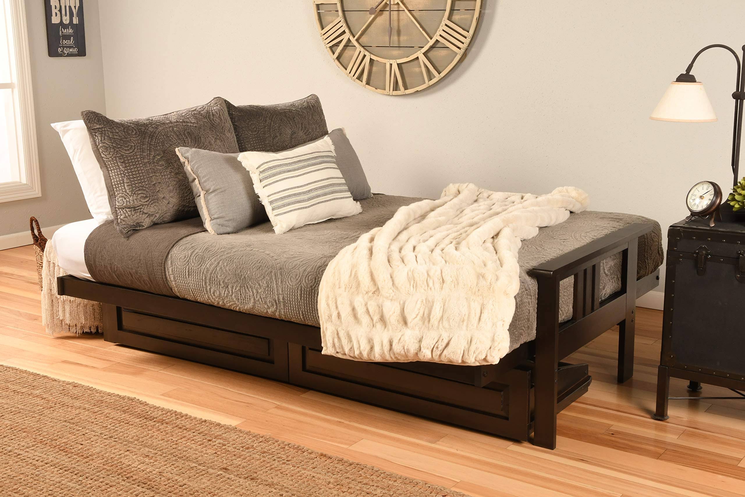 Kodiak Monterey Espresso Finish Full Futon with Linen Charcoal Mattress u0026 Storage Drawers