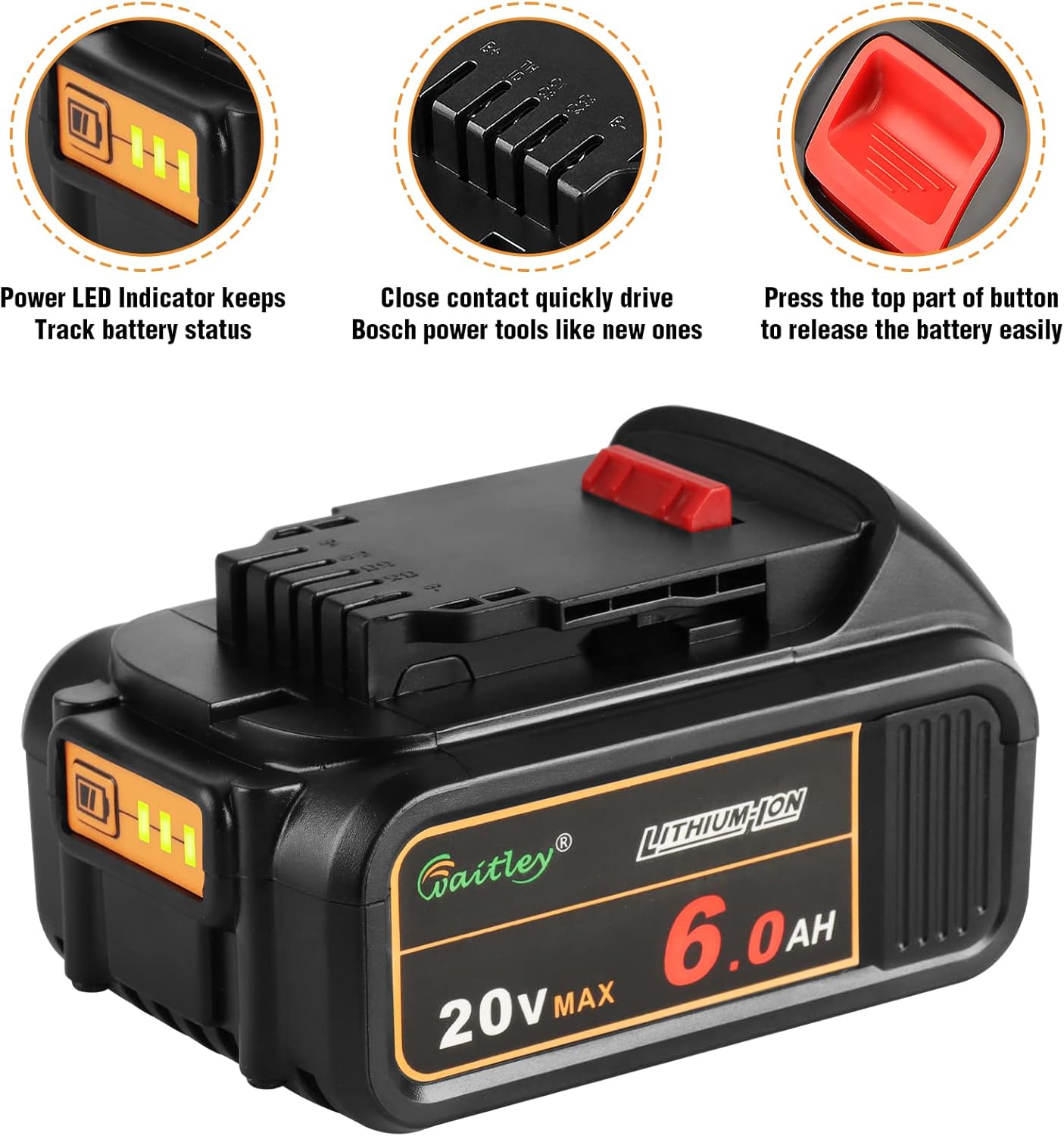 waitley 2 -Packs 20V MAX 6.0Ah DCB206 Replacement Battery Compatible with Dewalt 20V Battery DCB200 DCB203 DCB204 DCB205 DCB206 20V DCD/DCF/DCG/DCS Series Cordless Power Tool Pack of 2