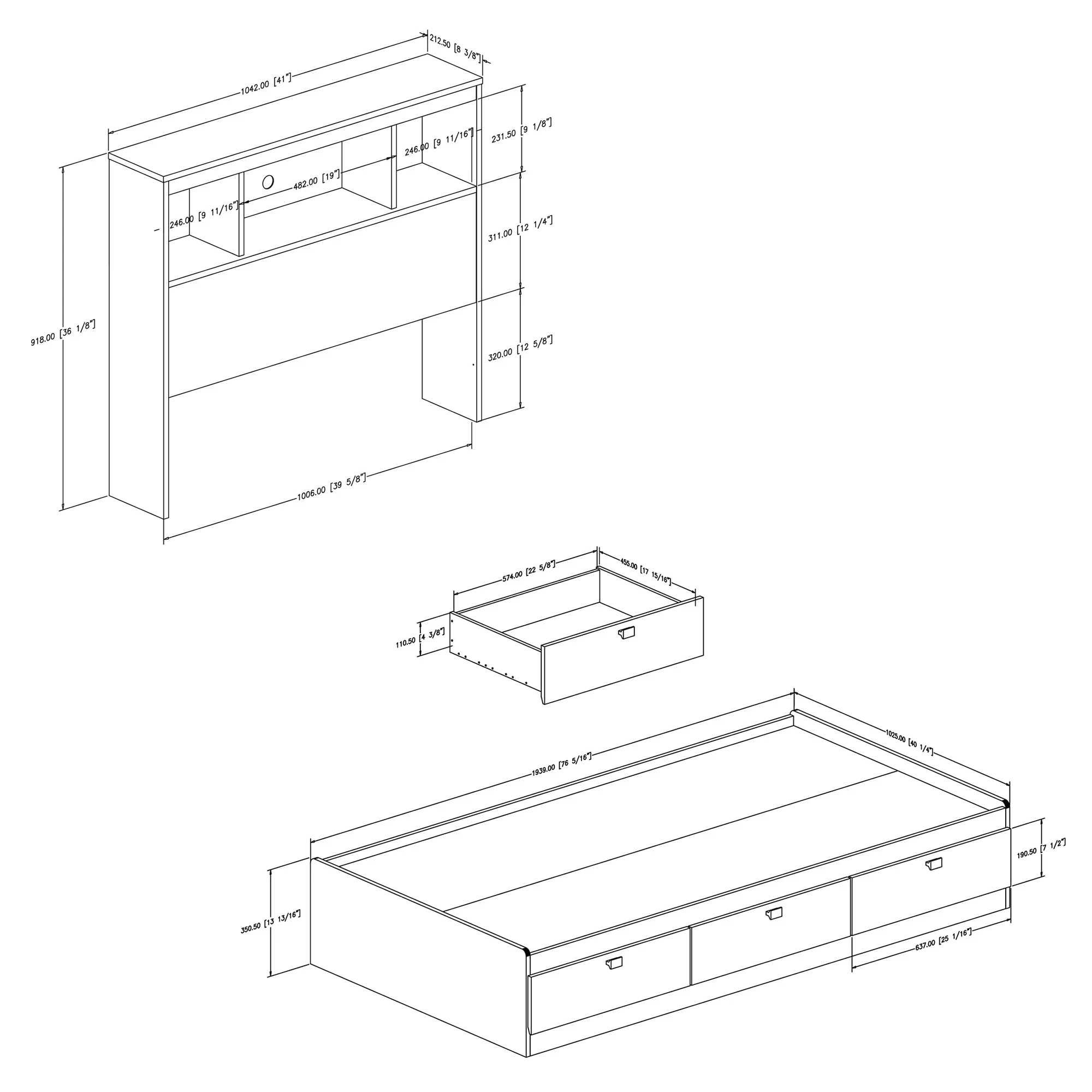 South Shore Spark 3-Drawer Storage Bed, Twin, Chocolate, with Bookcase Headboard